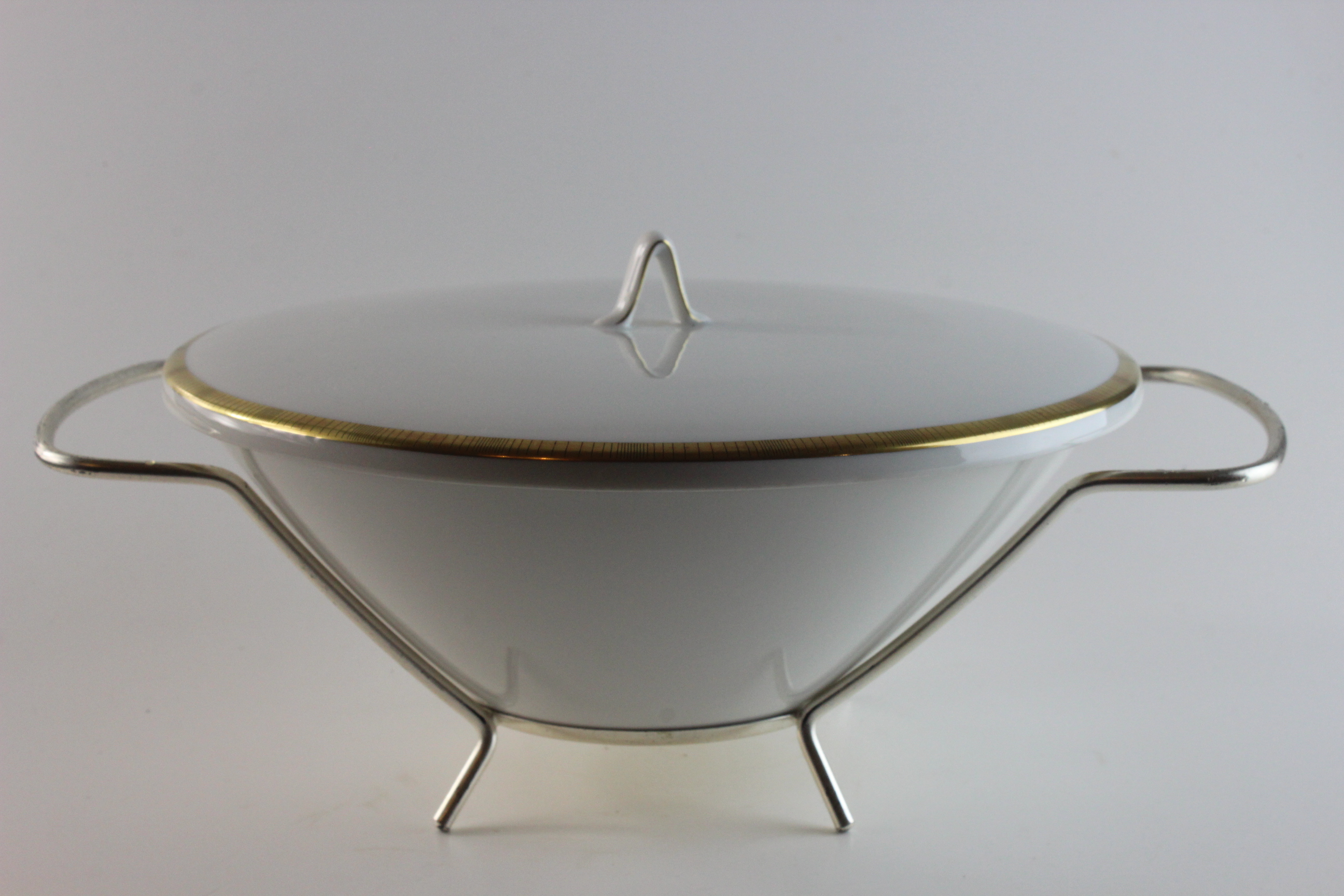 Deckelschüssel (mit Aufsatzgestell) - Rosenthal - Form 2000 - Goldband mit Streifen