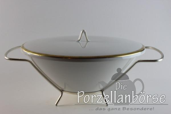 Deckelschüssel (mit Aufsatzgestell) - Rosenthal - Form 2000 - Goldband mit Streifen